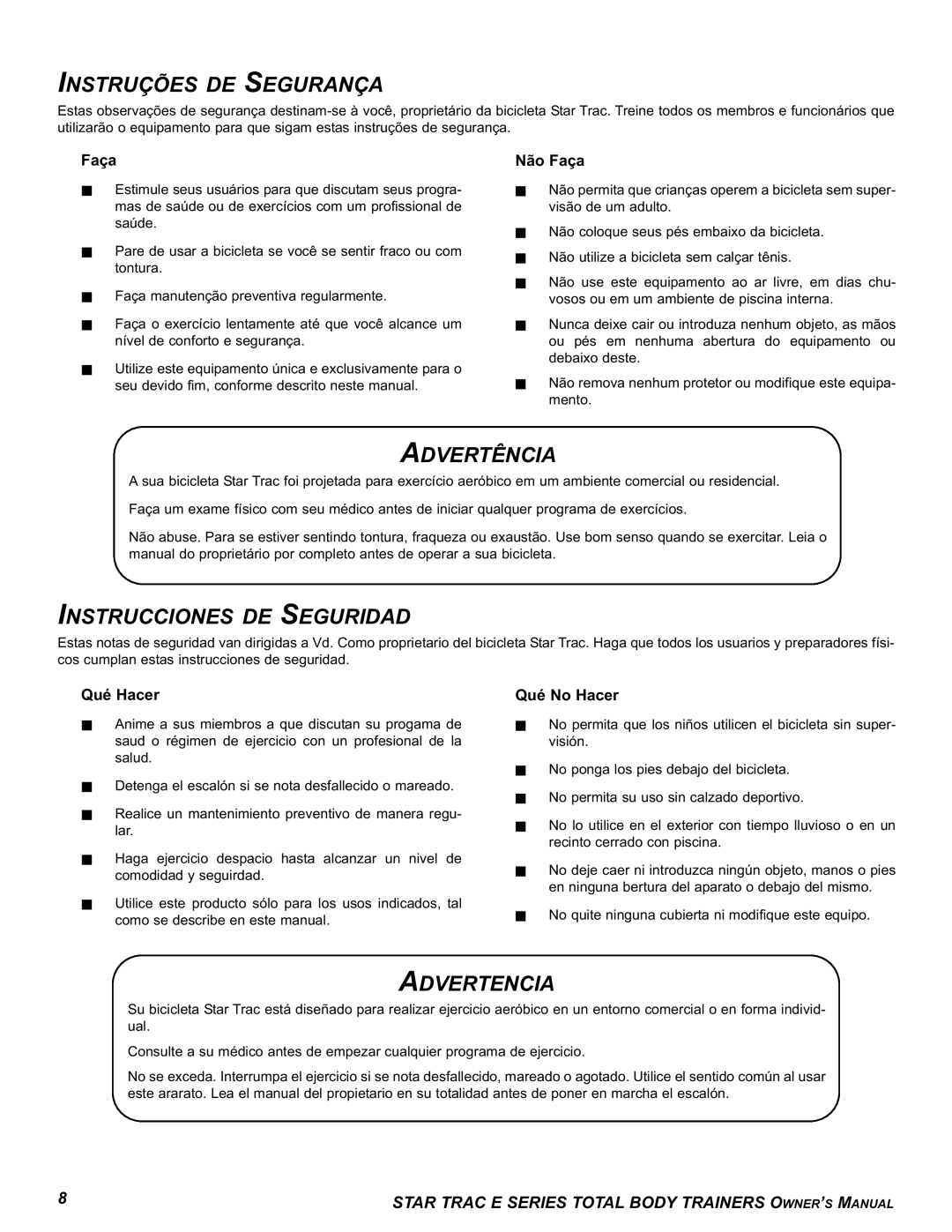 Star Trac E-TBT manual Instruções DE Segurança, Advertência, Instrucciones DE Seguridad, Advertencia 