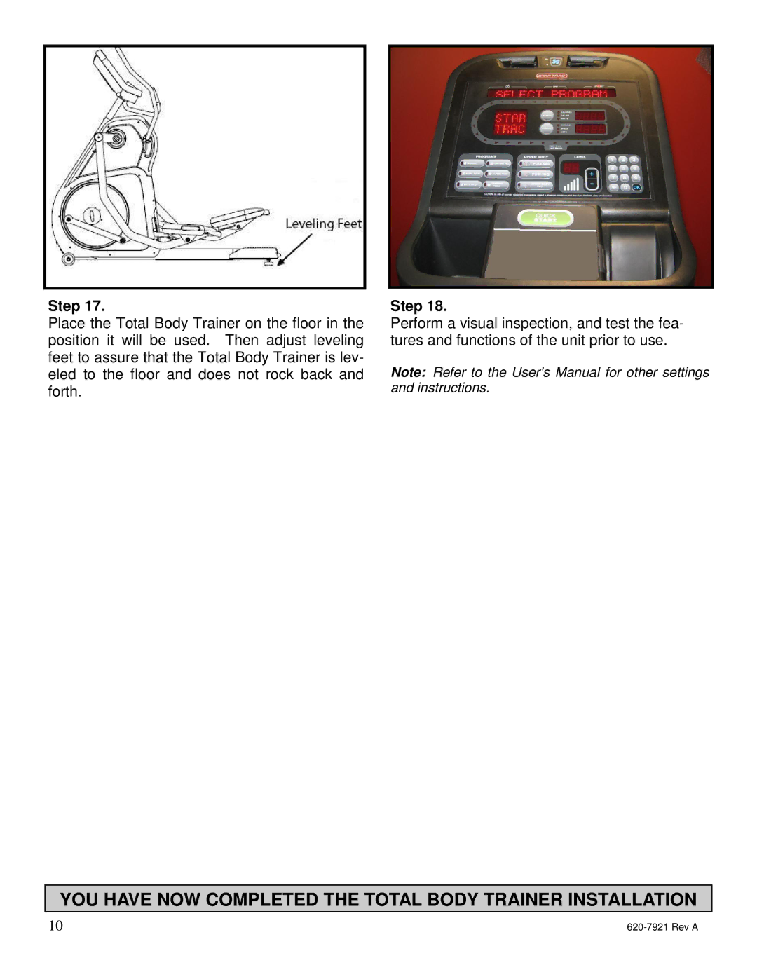 Star Trac E-TBTe manual YOU have NOW Completed the Total Body Trainer Installation 