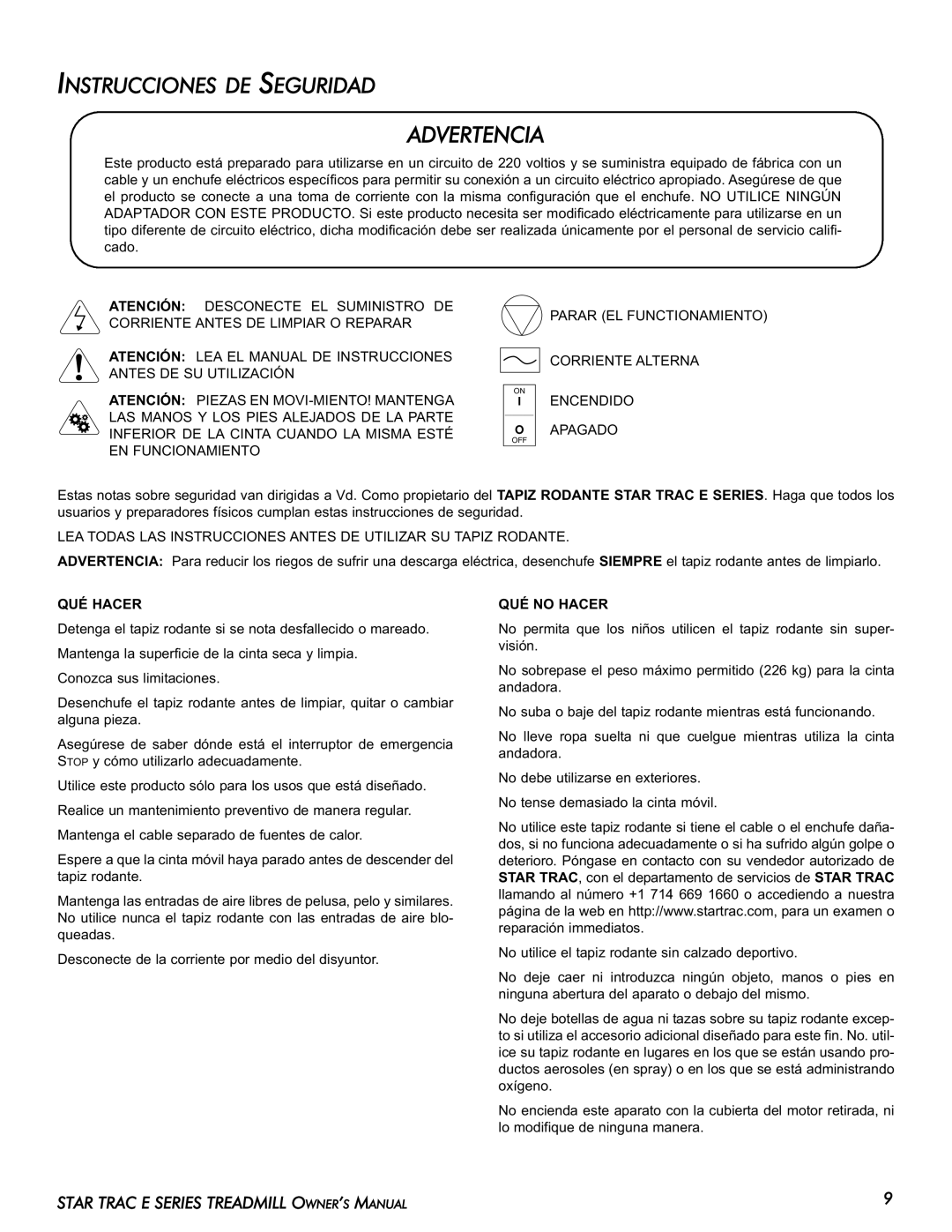 Star Trac E-TR manual Advertencia, Instrucciones DE Seguridad, QUÉ Hacer, QUÉ no Hacer 