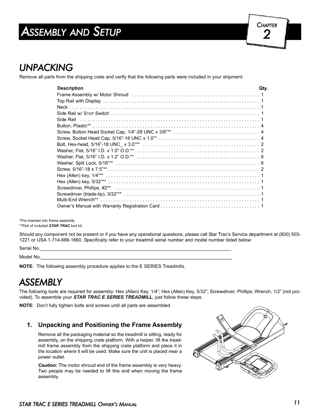 Star Trac E-TR manual Assembly and Setup, Unpacking and Positioning the Frame Assembly, Description Qty 