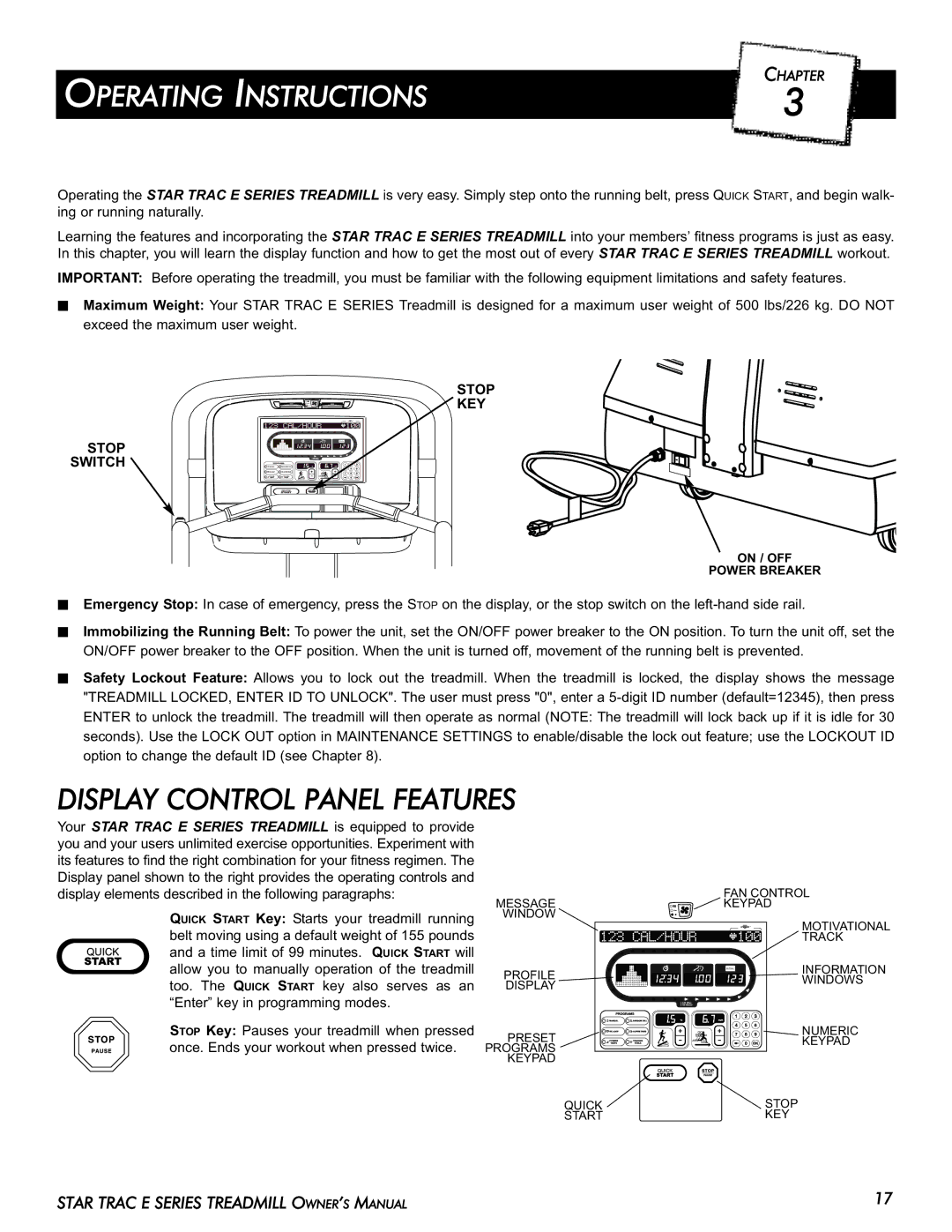 Star Trac E-TR manual Operating Instructions, Display Control Panel Features, Stop Switch KEY 