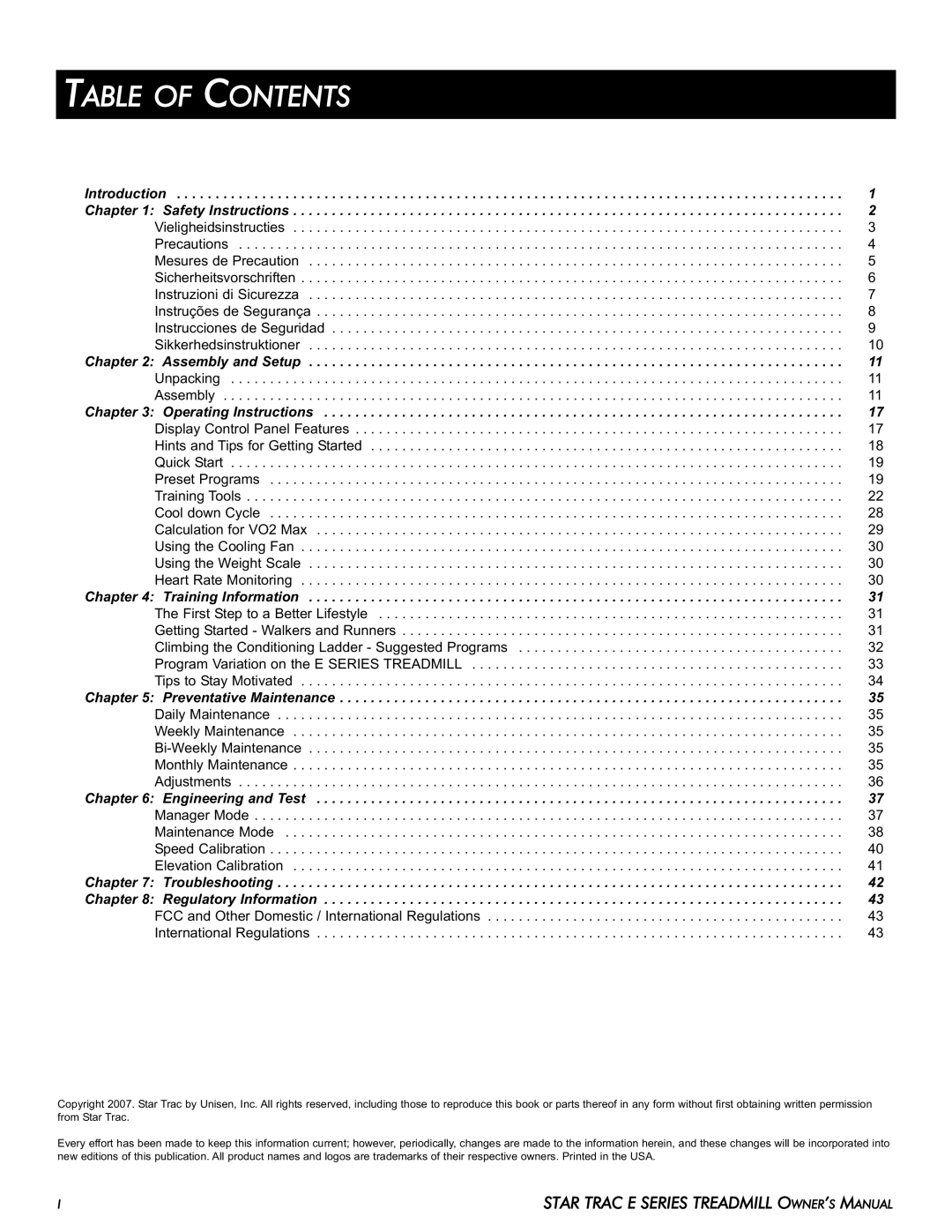 Star Trac E-TR manual Table of Contents 