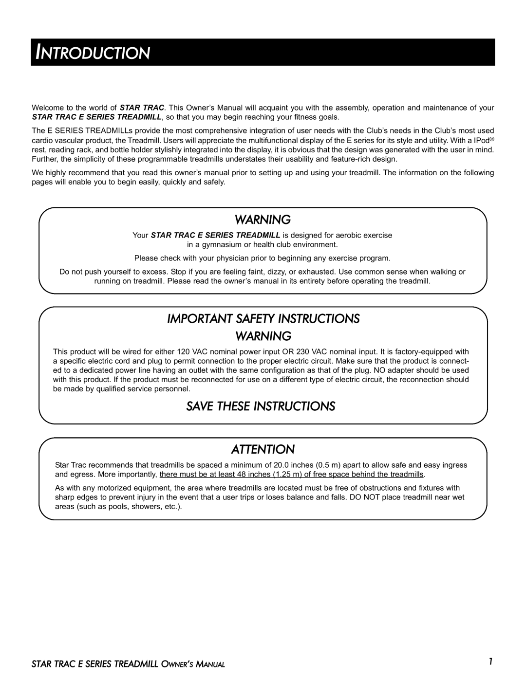 Star Trac E-TR manual Introduction, Important Safety Instructions 