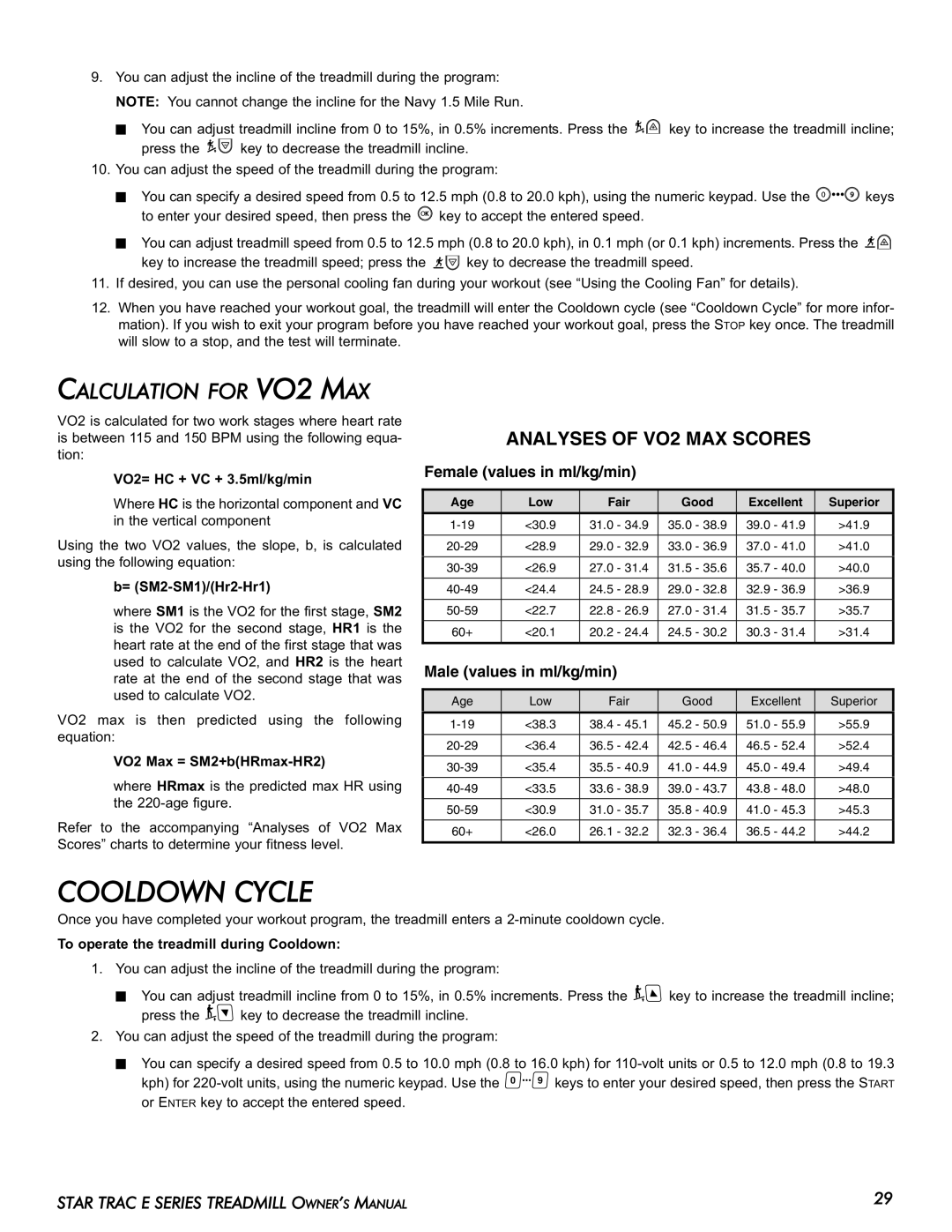 Star Trac E-TR manual Cooldown Cycle, Calculation for VO2 MAX 