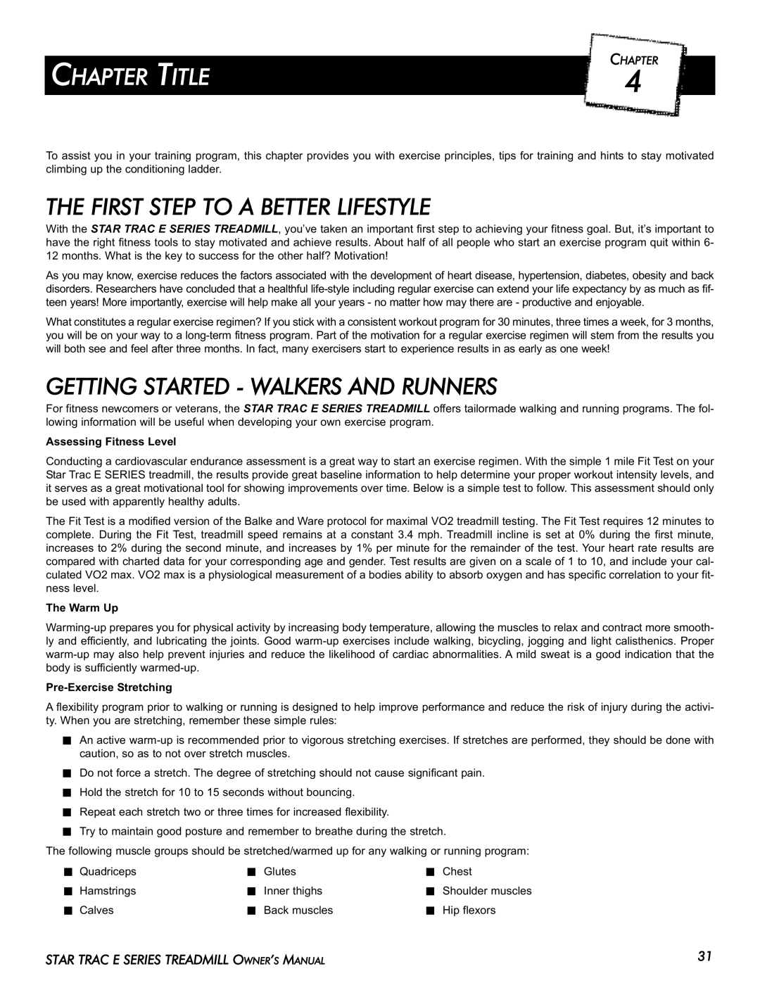 Star Trac E-TR manual Chapter Title, First Step to a Better Lifestyle, Getting Started Walkers and Runners 