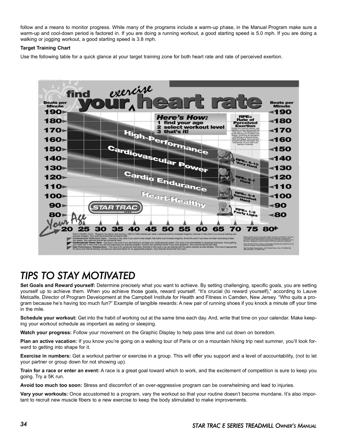 Star Trac E-TR manual Tips to Stay Motivated, Target Training Chart 