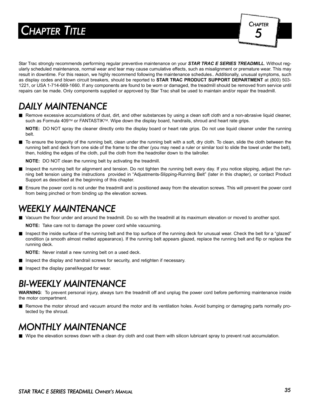 Star Trac E-TR manual Daily Maintenance, Weekly Maintenance, BI-WEEKLY Maintenance, Monthly Maintenance 