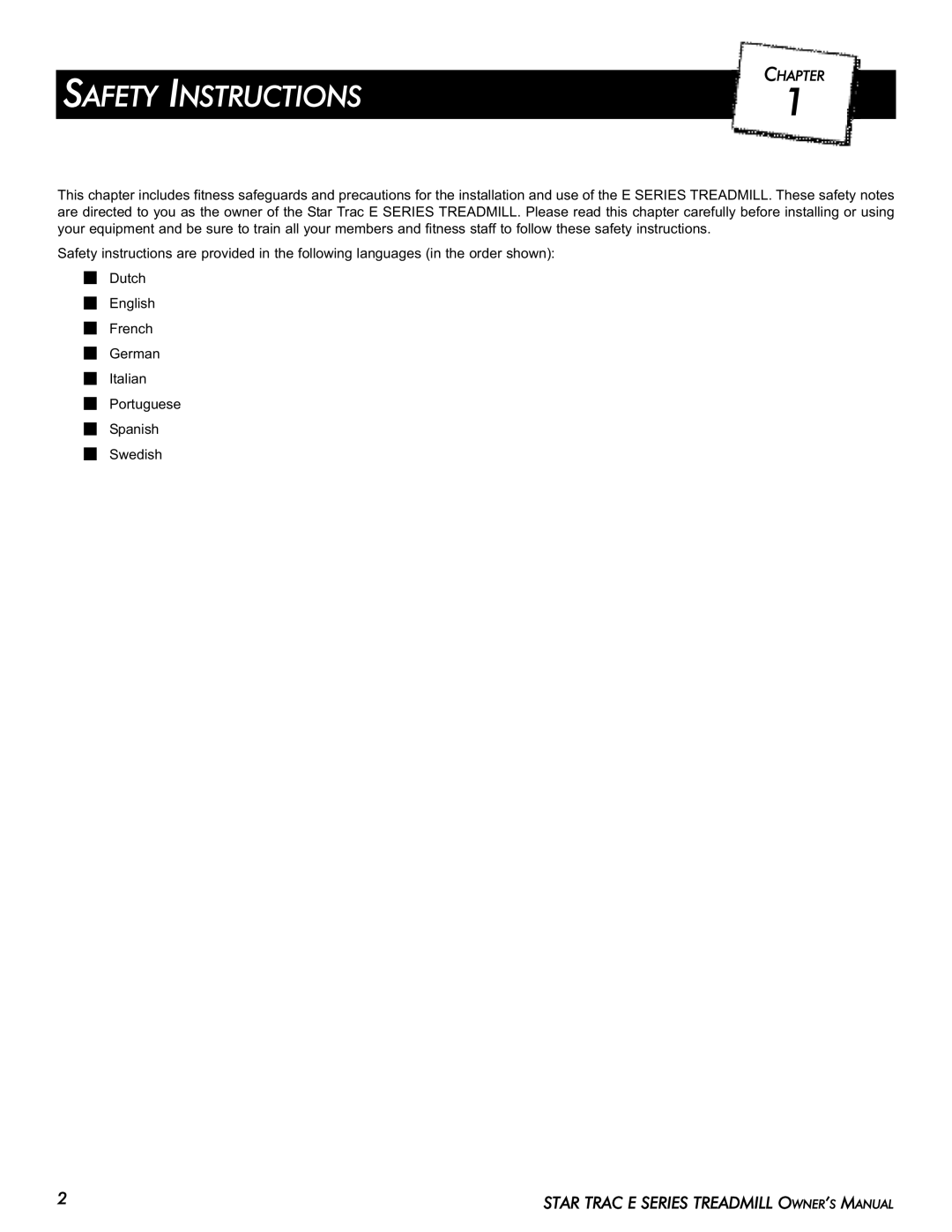 Star Trac E-TR manual Safety Instructions, Chapter 