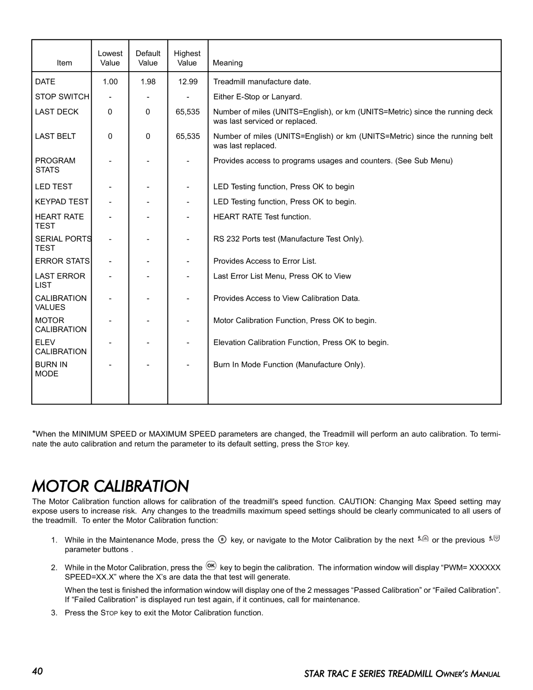 Star Trac E-TR manual Motor Calibration 