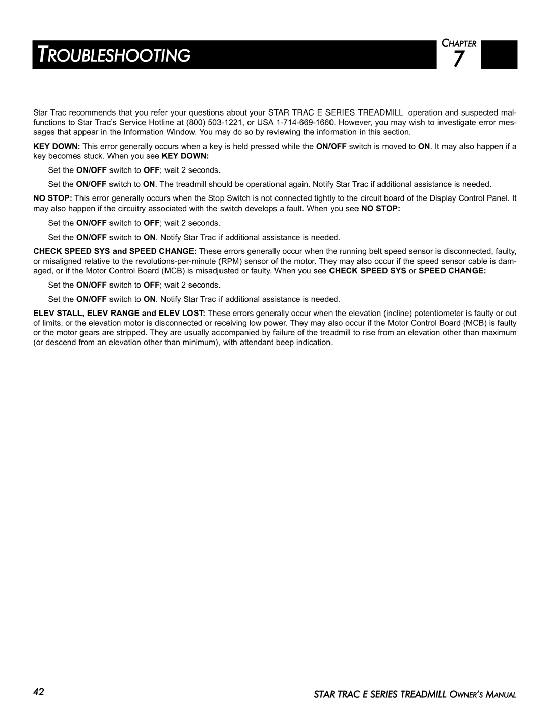 Star Trac E-TR manual Troubleshooting, Chapter 