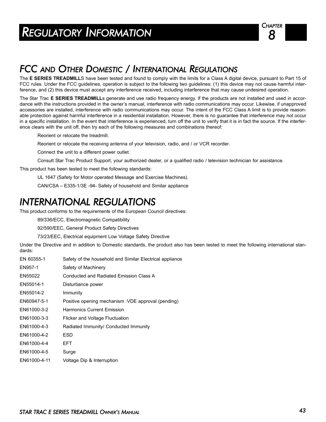 Star Trac E-TR manual Regulatory Information, FCC and Other Domestic / International Regulations, Esd, Eft 