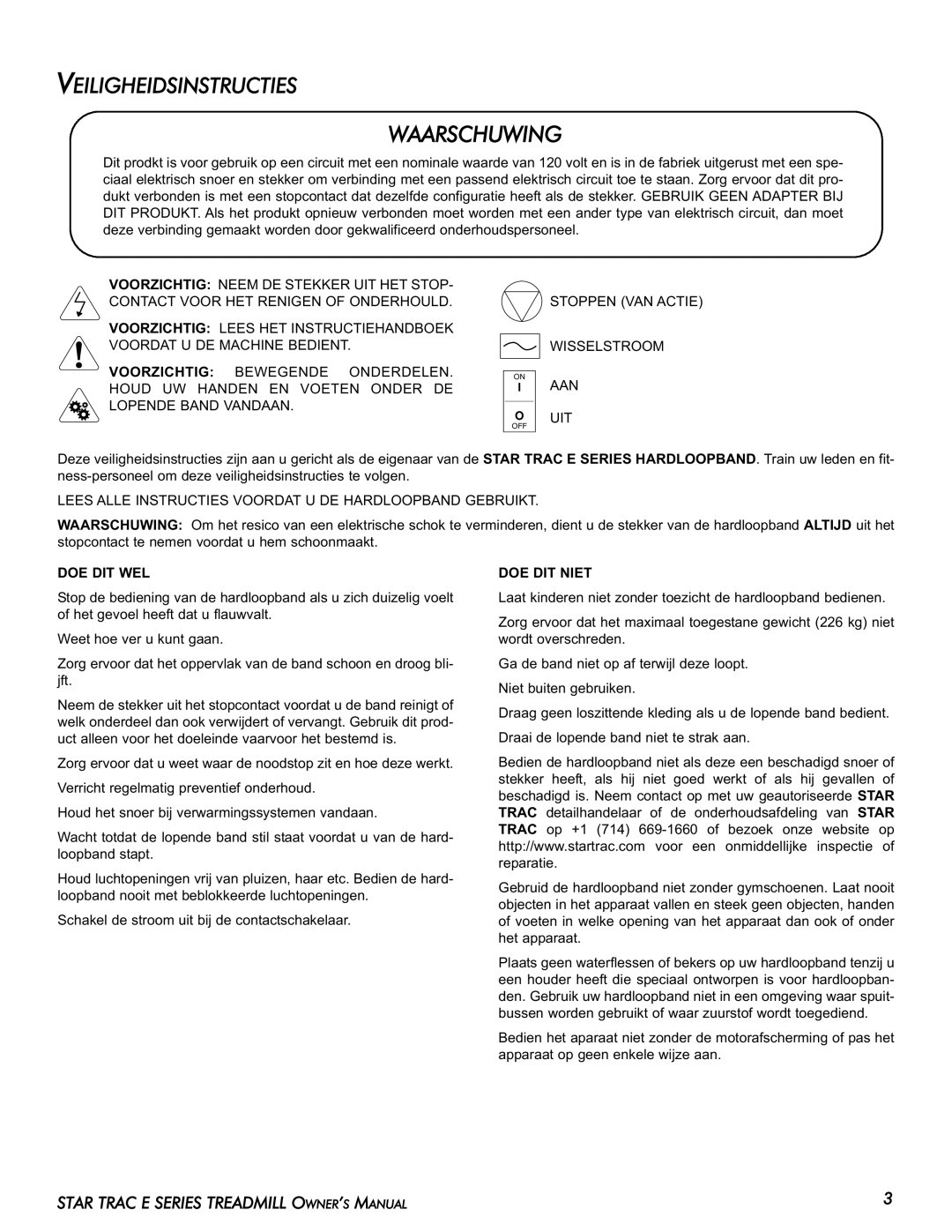 Star Trac E-TR manual Waarschuwing, Veiligheidsinstructies, Doe Dit Wel, DOE DIT Niet 