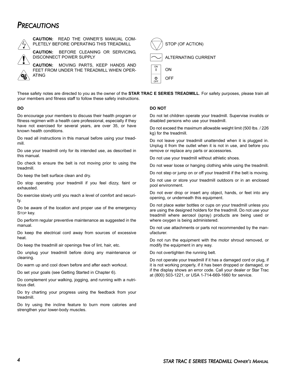 Star Trac E-TR manual Precautions, Stop of Action Alternating Current OFF, Do not 