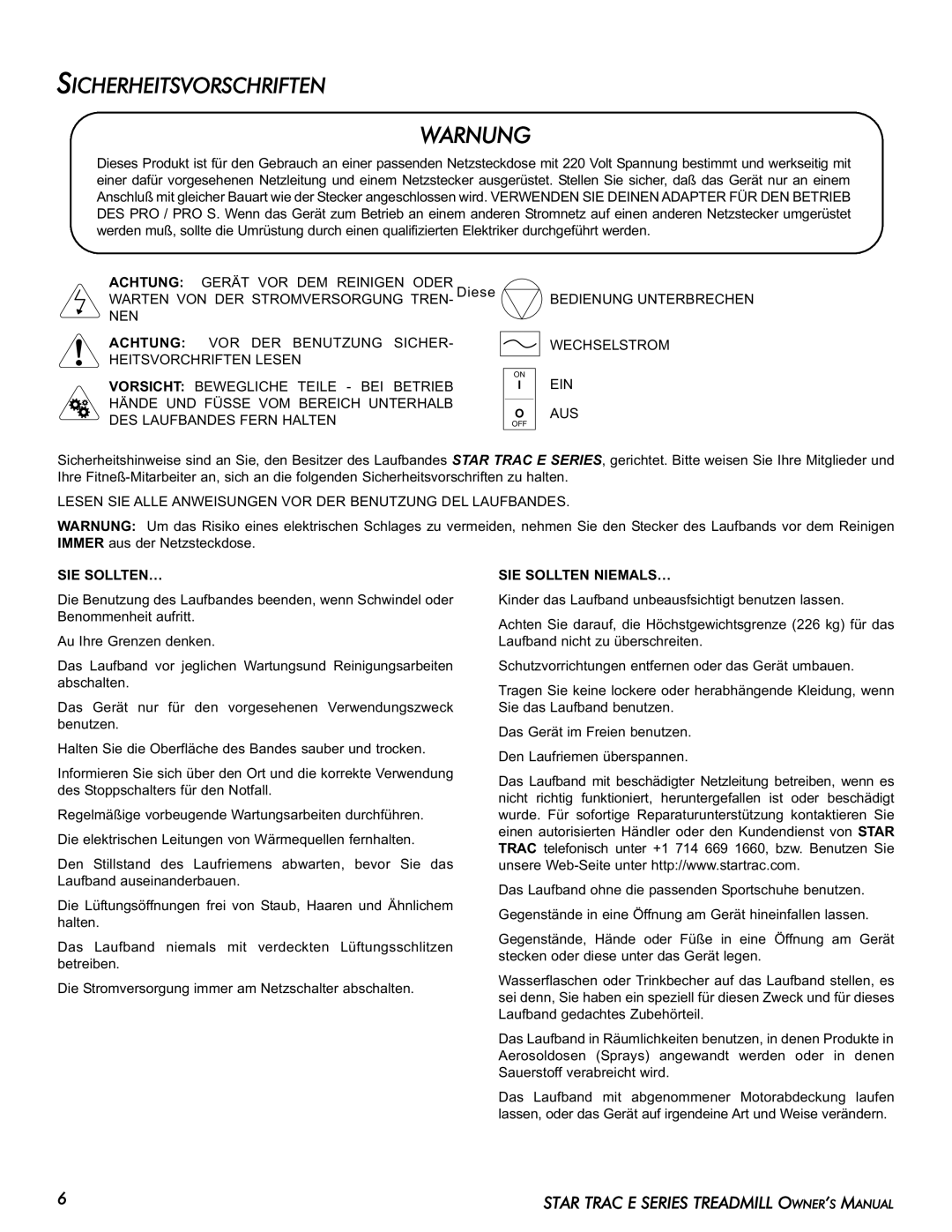 Star Trac E-TR manual Warnung, Sicherheitsvorschriften, Sie Sollten…, SIE Sollten NIEMALS… 