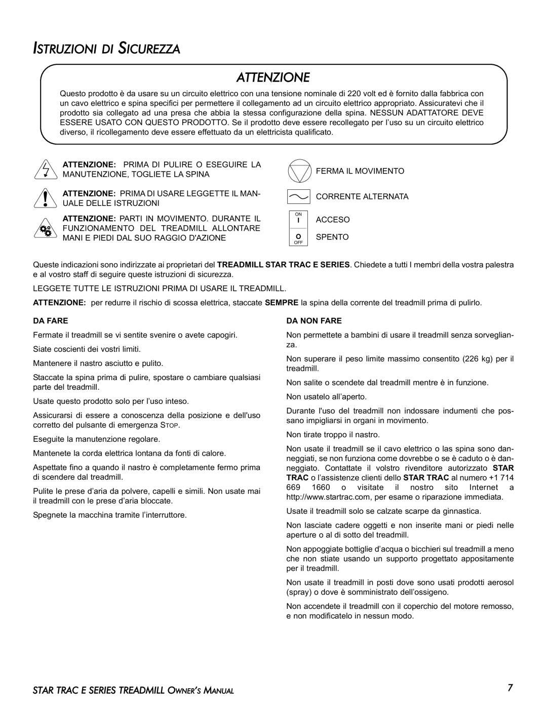 Star Trac E-TR manual Attenzione, Istruzioni DI Sicurezza, DA Fare, DA NON Fare 