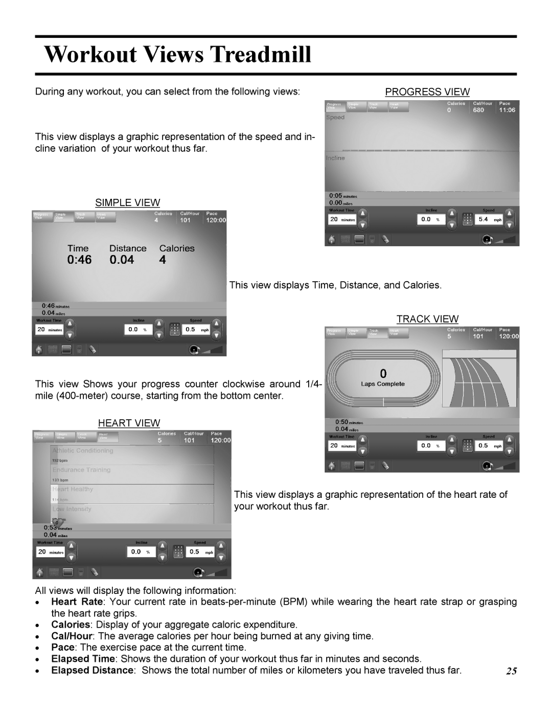 Star Trac E-TRE, E-TRXE manual Workout Views Treadmill, Simple View, Track View, Heart View 