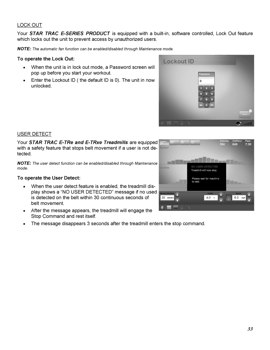 Star Trac E-TRE, E-TRXE manual Lock OUT, User Detect 