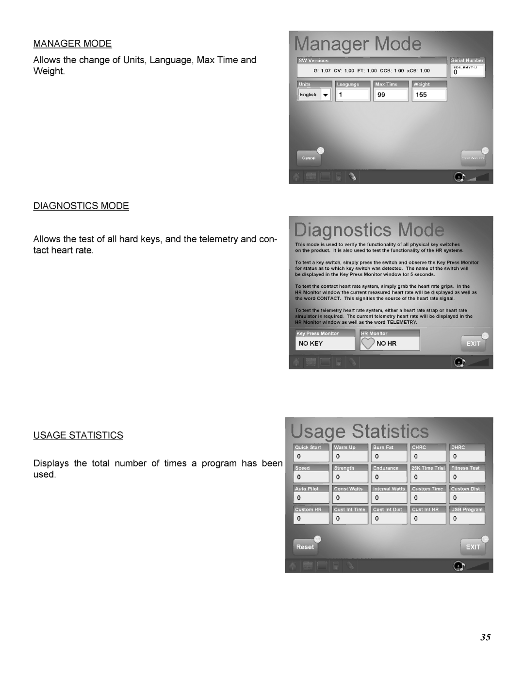 Star Trac E-TRE, E-TRXE manual Manager Mode, Diagnostics Mode, Usage Statistics 