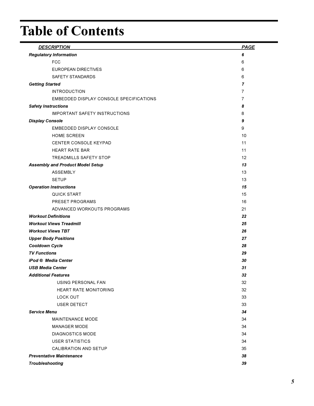 Star Trac E-TRE, E-TRXE manual Table of Contents 