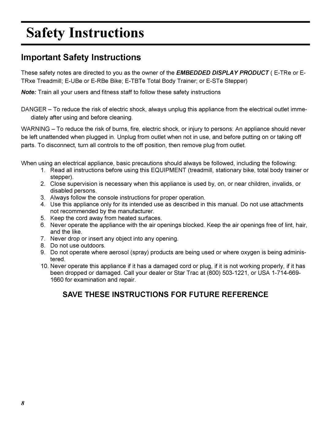 Star Trac E-TRXE, E-TRE manual Important Safety Instructions 