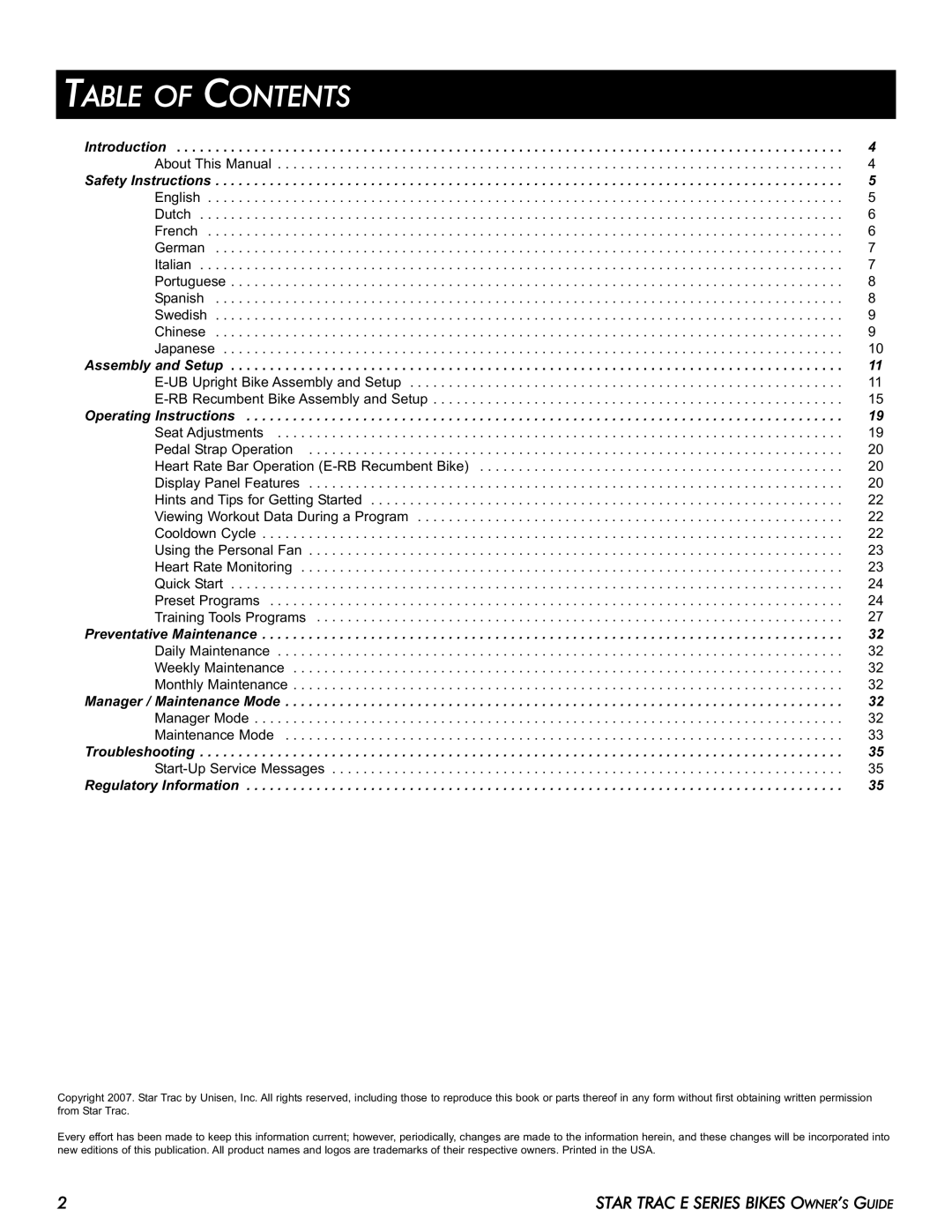 Star Trac E-UB manual Table of Contents 