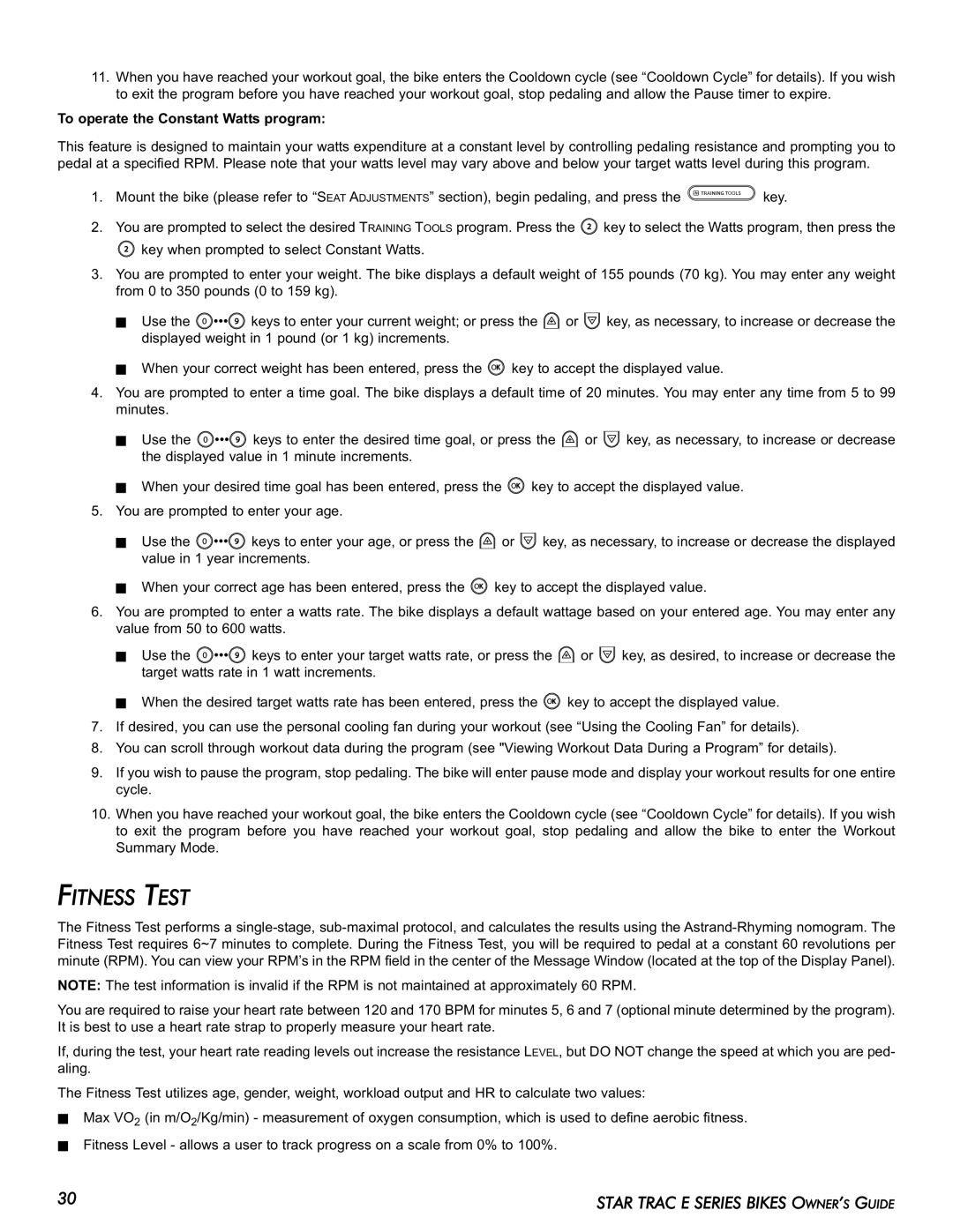 Star Trac E-UB manual Fitness Test, To operate the Constant Watts program 