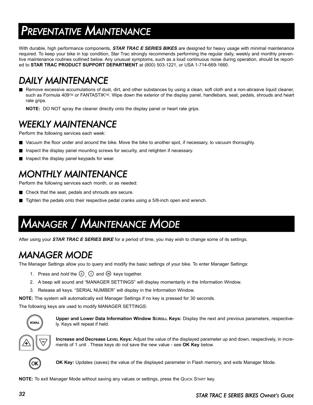 Star Trac E-UB manual Preventative Maintenance, Manager / Maintenance Mode 