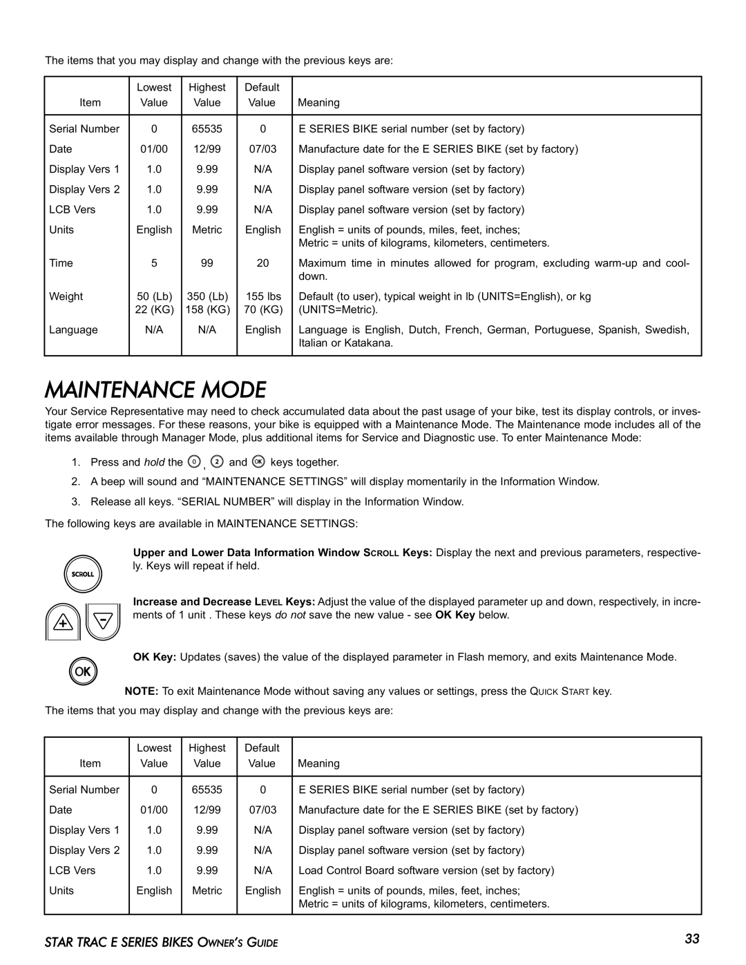 Star Trac E-UB manual Maintenance Mode 