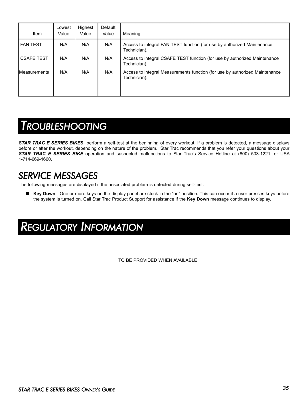 Star Trac E-UB manual Troubleshooting, Service Messages, Regulatory Information 