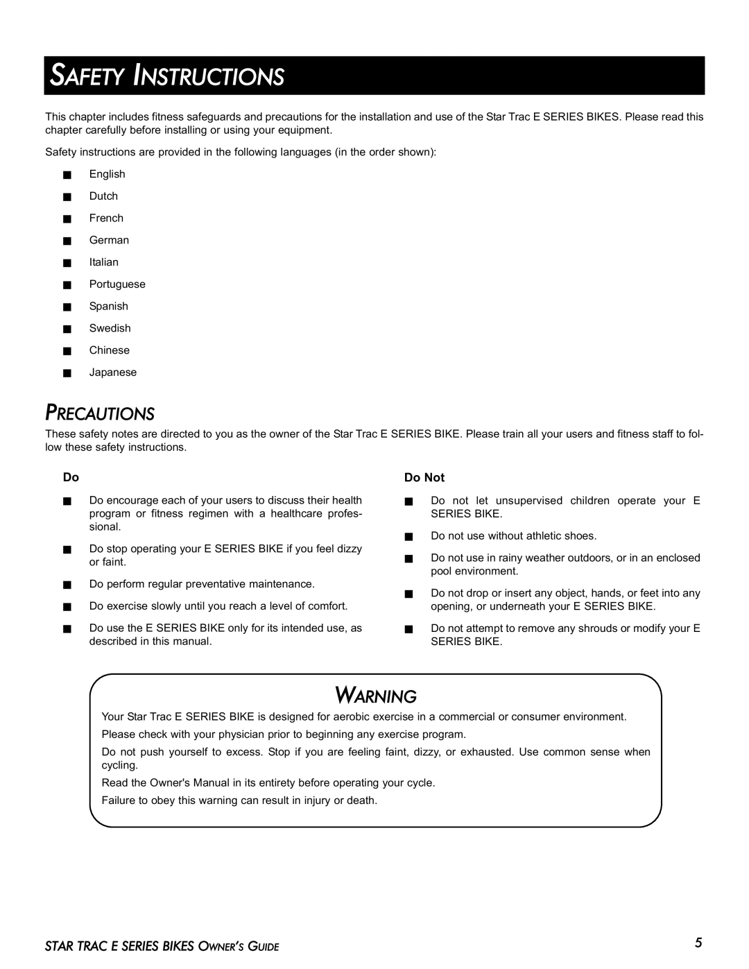 Star Trac E-UB manual Safety Instructions, Precautions, Do Not 