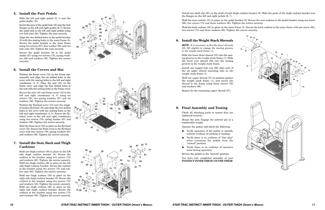 Star Trac Inner/Outer Thigh Machine Install the Foot Pedals, Install the Weight Stack Shrouds, Install the Covers and Mat 