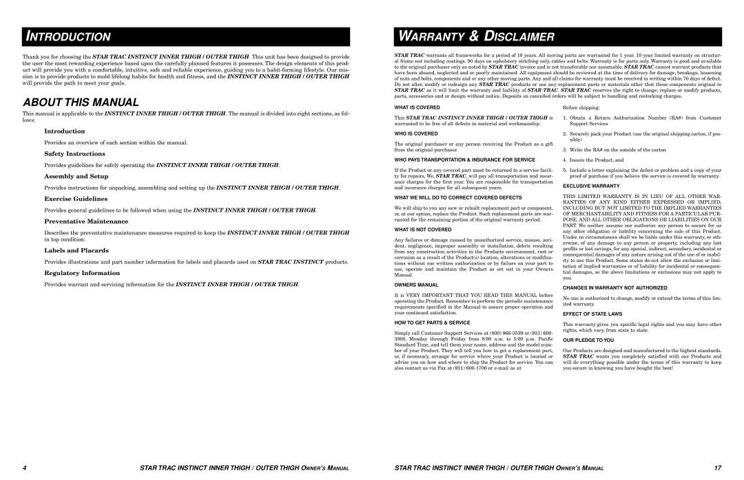 Star Trac Inner/Outer Thigh Machine manual Introduction, Warranty & Disclaimer, About this Manual 