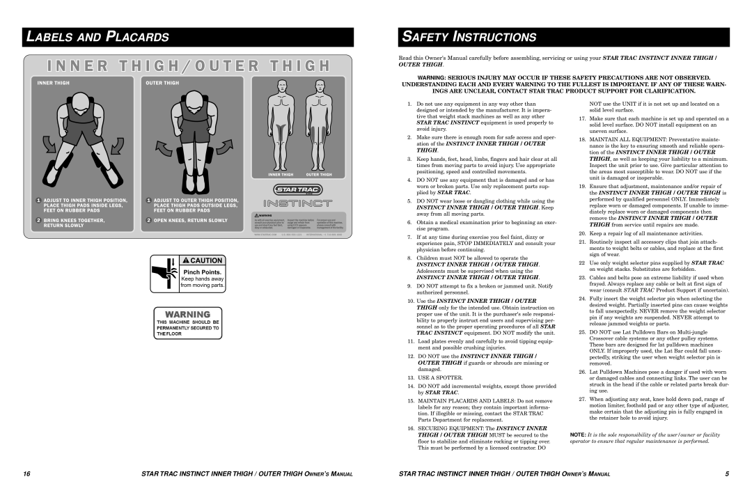 Star Trac Inner/Outer Thigh Machine manual Labels and Placards Safety Instructions 