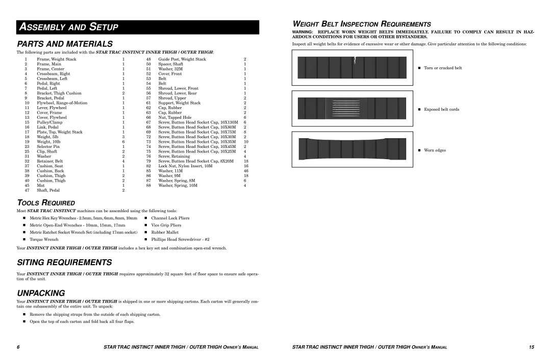 Star Trac Inner/Outer Thigh Machine manual Assembly and Setup, Parts and Materials, Siting Requirements, Unpacking 