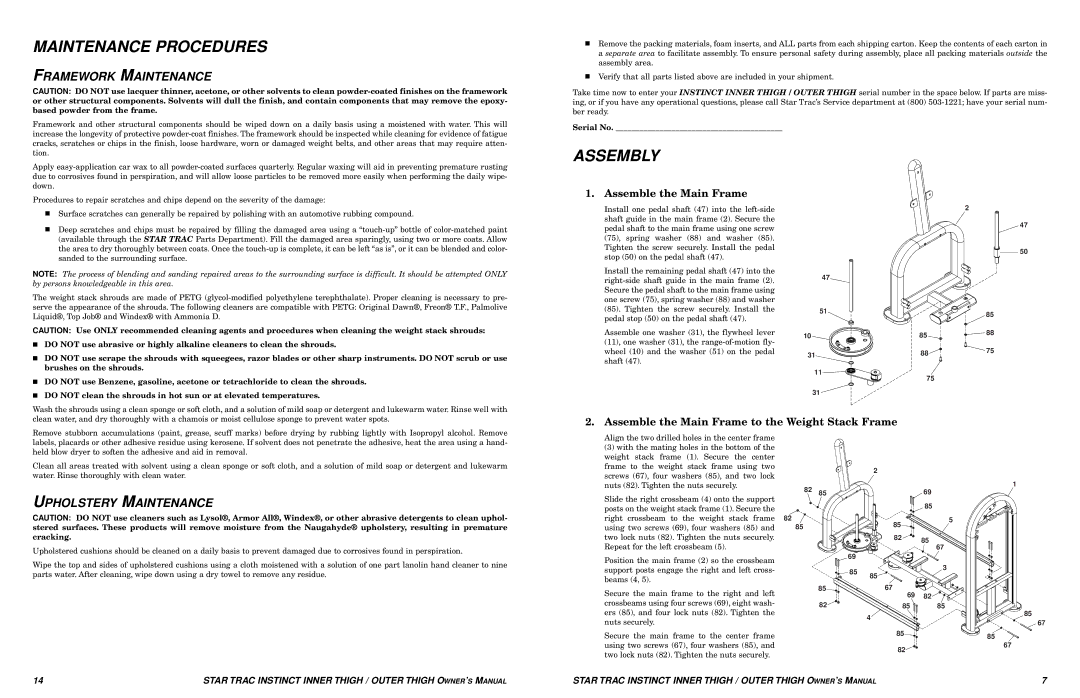 Star Trac Inner/Outer Thigh Machine manual Maintenance Procedures, Assembly, Framework Maintenance, Upholstery Maintenance 