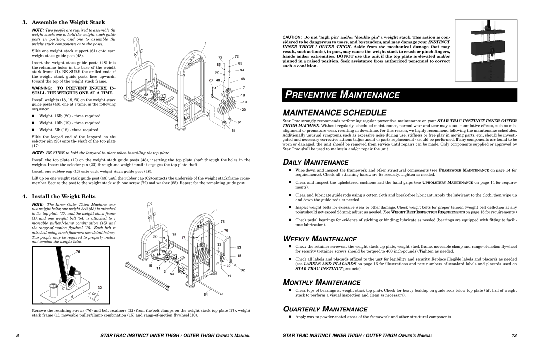 Star Trac Inner/Outer Thigh Machine manual Preventive Maintenance, Maintenance Schedule 