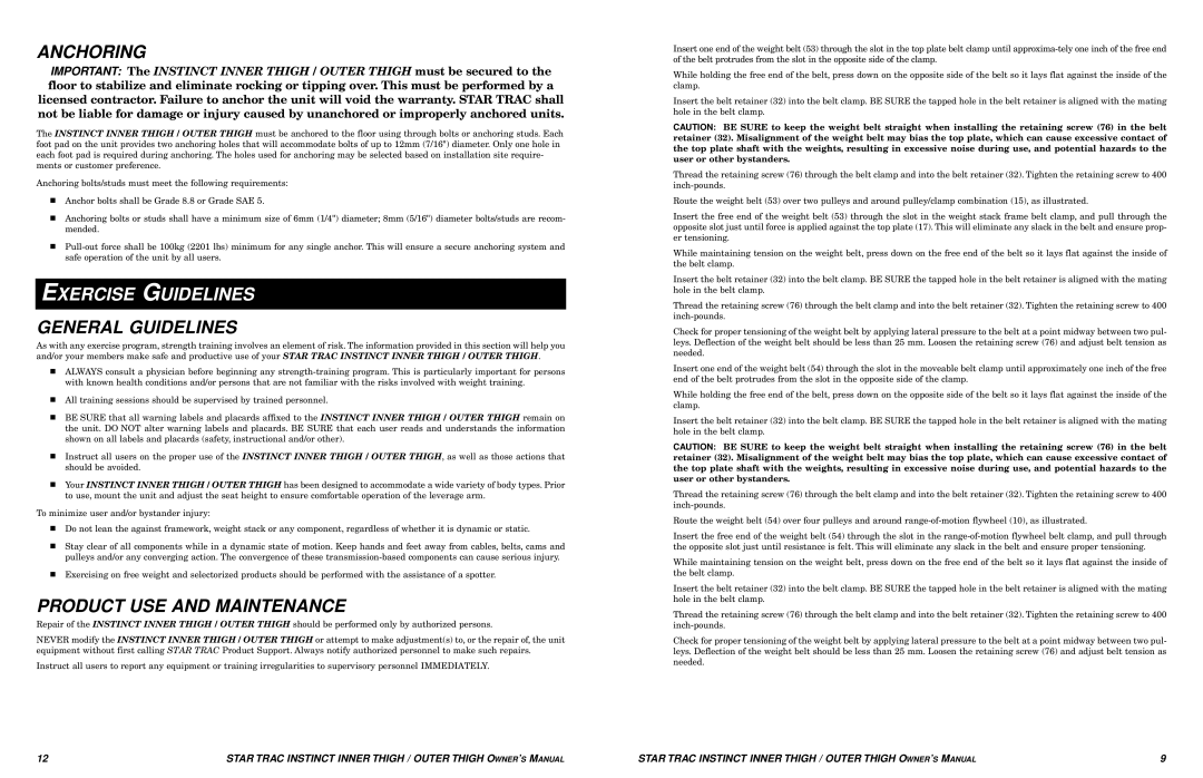 Star Trac Inner/Outer Thigh Machine manual Anchoring, Exercise Guidelines, General Guidelines, Product USE and Maintenance 