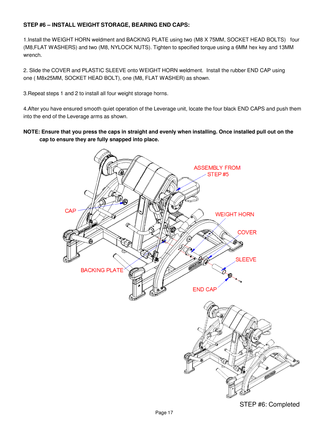 Star Trac IP-L5002 manual Step #6 Completed, Step #6 Install Weight STORAGE, Bearing END Caps 