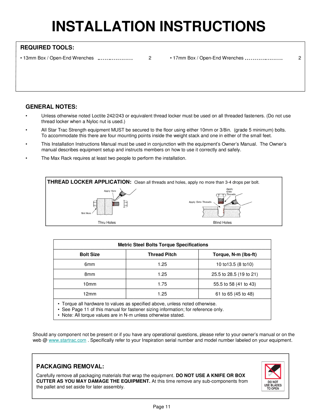 Star Trac ip-l8505 manual Required Tools, General Notes, Packaging Removal 