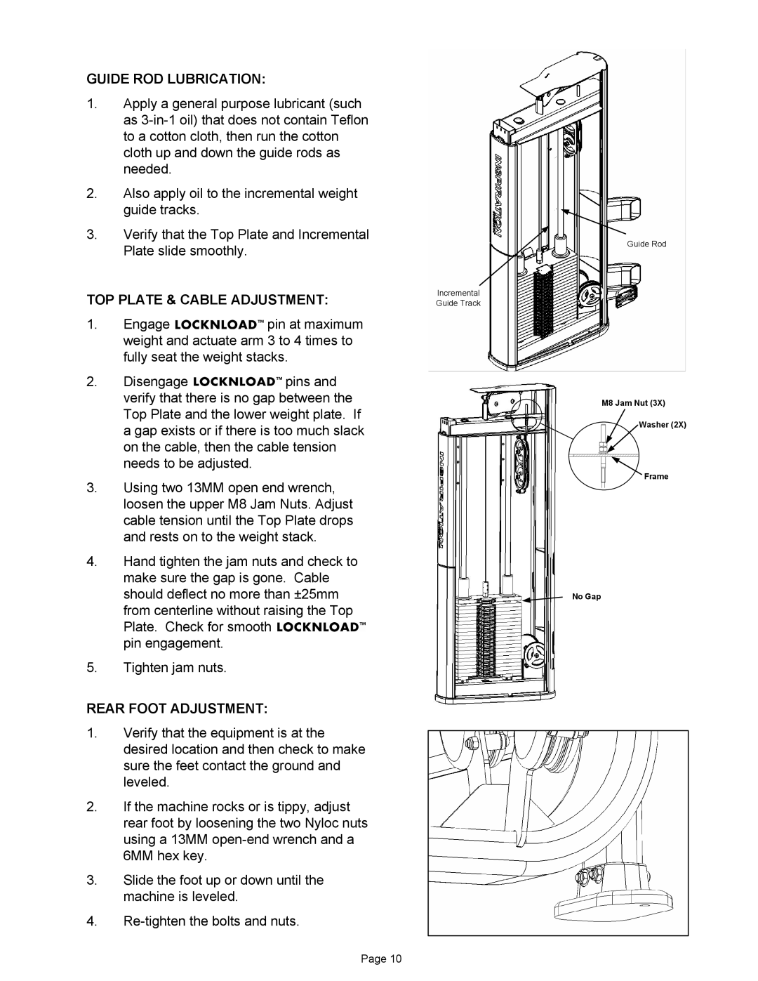 Star Trac IP-S1315 manual Guide ROD Lubrication, TOP Plate & Cable Adjustment, Rear Foot Adjustment 