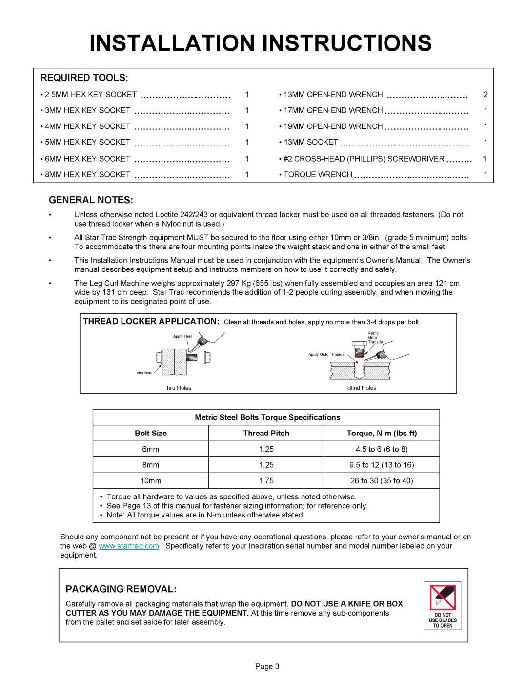 Star Trac IP-S1315 manual Required Tools, General Notes, Packaging Removal 