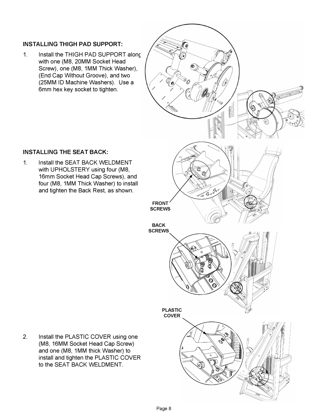 Star Trac IP-S1315 manual Installing Thigh PAD Support, Installing the Seat Back 