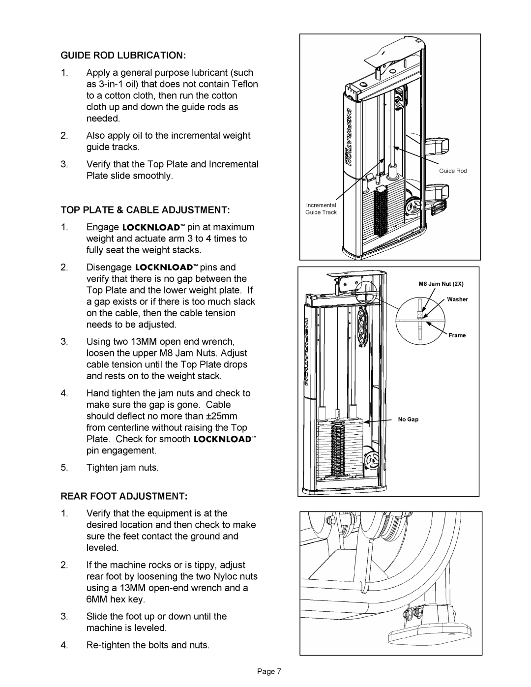 Star Trac IP-S6331 manual Guide ROD Lubrication, TOP Plate & Cable Adjustment, Rear Foot Adjustment 