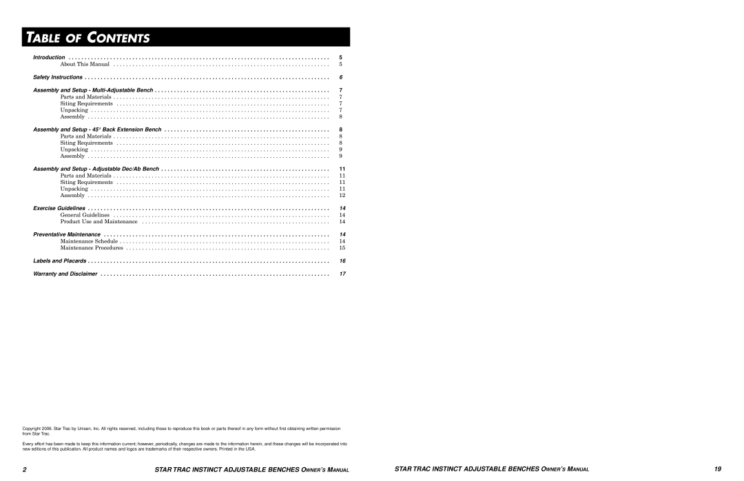 Star Trac none manual Table of Contents 