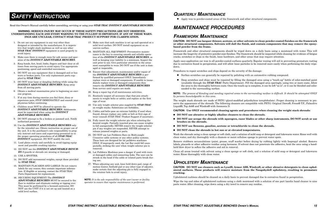 Star Trac none manual Safety Instructions, Maintenance Procedures 