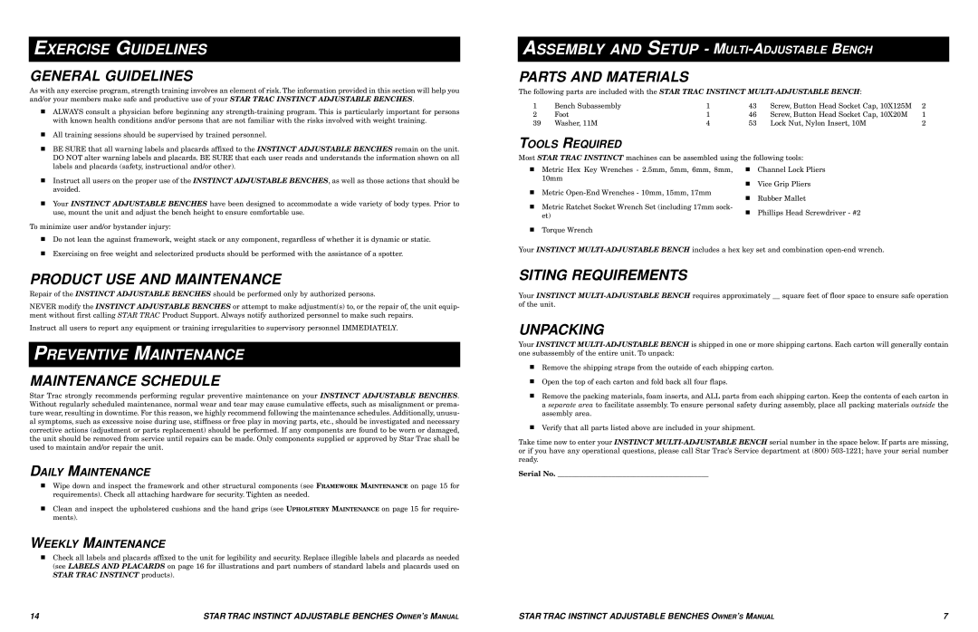 Star Trac none manual Exercise Guidelines, Assembly and Setup MULTI-ADJUSTABLEBENCH, Preventive Maintenance 