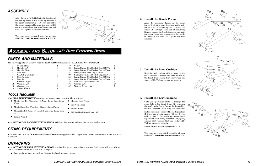 Star Trac none manual Assembly and Setup 45 B ACK Extension Bench, Install the Bench Frame, Install the Back Cushion 