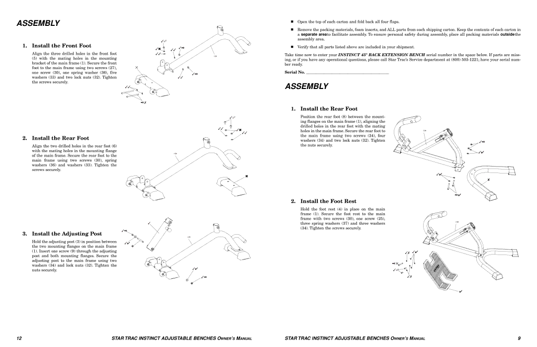Star Trac none manual Install the Front Foot, Install the Rear Foot, Install the Foot Rest Install the Adjusting Post 