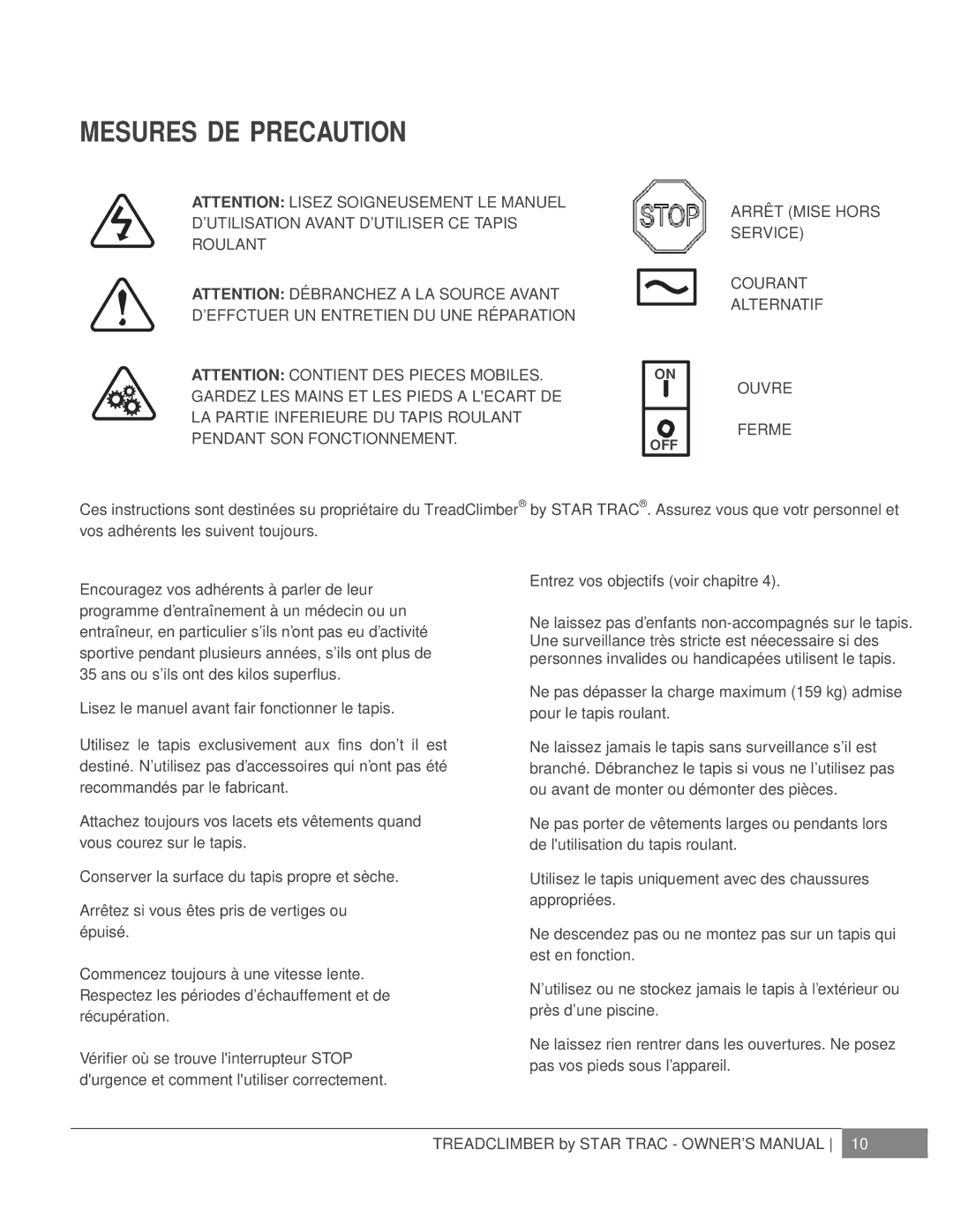 Star Trac NOT FOUND, E-TCI manual Mesures DE Precaution, Arrêt Mise Hors Service Courant Alternatif Ouvre Ferme 