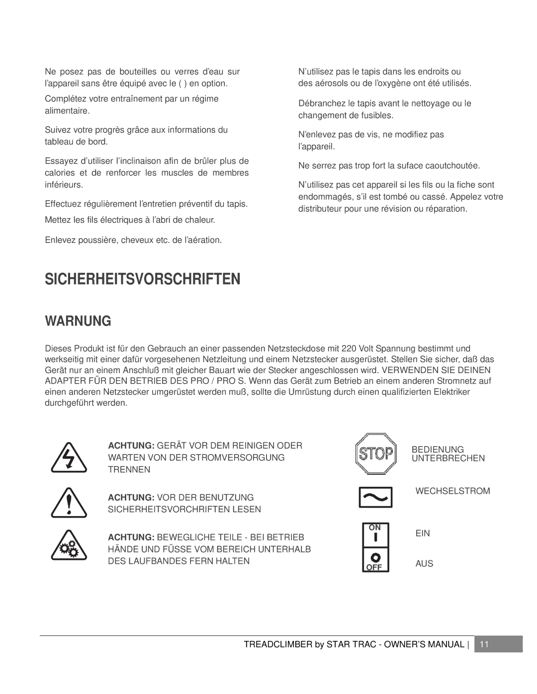 Star Trac E-TCI, NOT FOUND manual Sicherheitsvorschriften, Warnung, Bedienung Unterbrechen Wechselstrom EIN AUS 